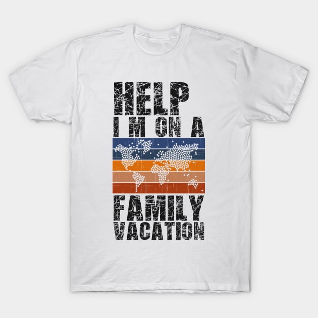 HELP! I'M ON A FAMILY VACATION 5 Color Horizontal Stripes Vintage Sunset Of The World Map In Dots T-Shirt by Musa Wander